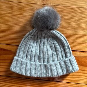 J. Crew Cozy Gray Knit Beanie with Faux Fur Pom